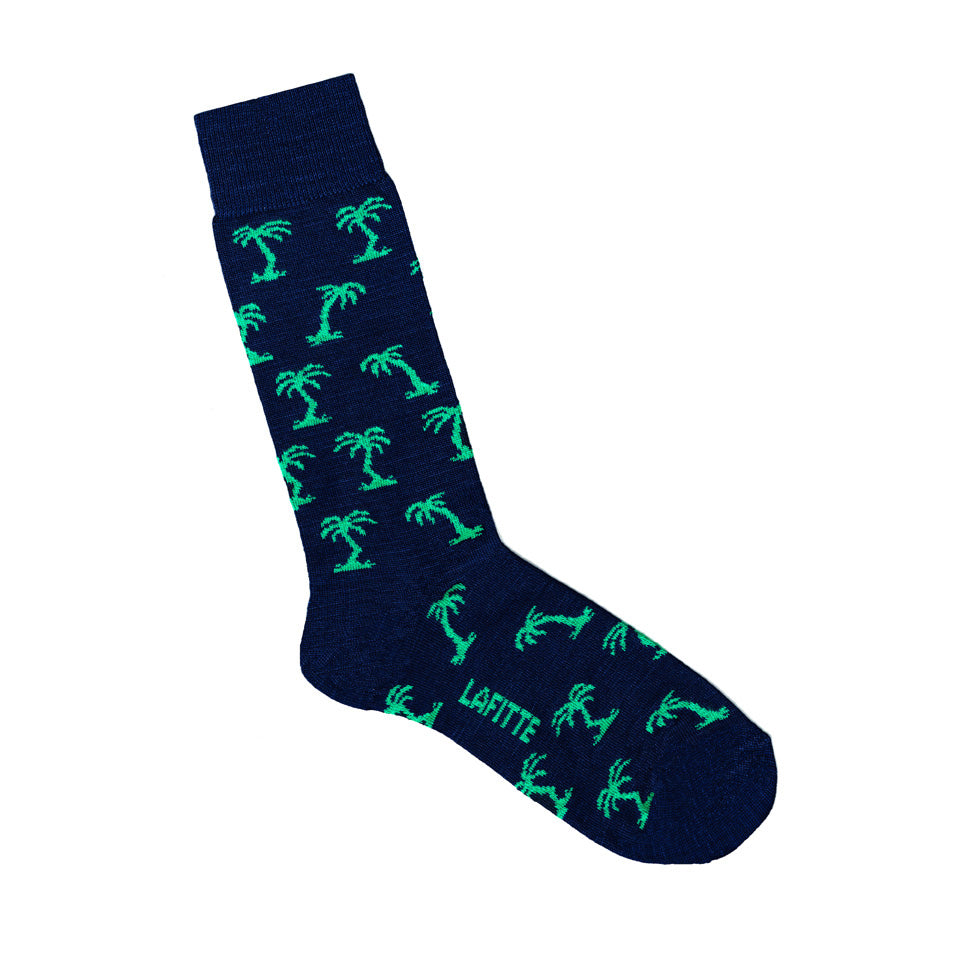 Palm Tree Patterned Bamboo Sock - Blue with green palm trees - LAFITTE Australia Shop Online