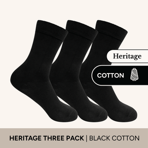 Heritage Crew Socks | Cotton | 3 Pack featuring three pairs of black socks with a comfortable fit.