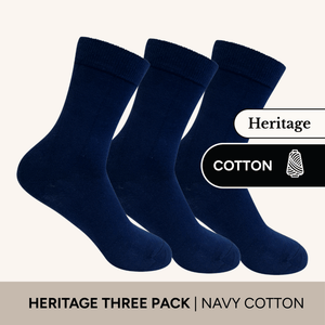 Heritage Crew Socks | Cotton | 3 Pack showcasing navy cotton socks in a stylish arrangement.