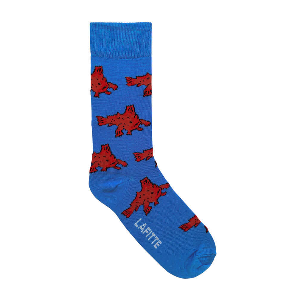 blue bamboo socks with red handfish design from endangered Australian animals range