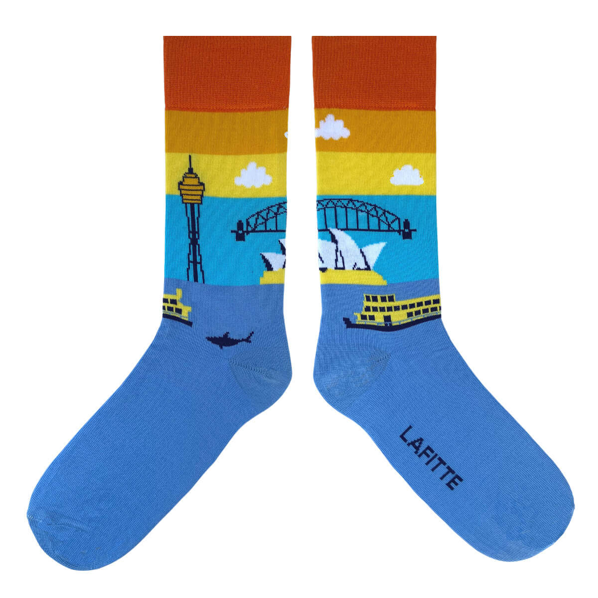 blue cotton socks featuring Sydney city landmarks and harbour design