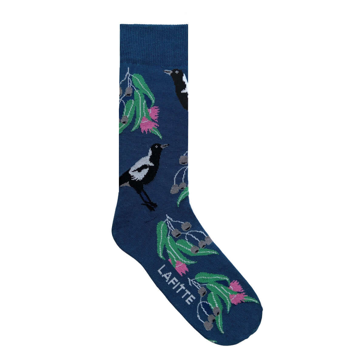 dark blue cotton socks with Australian magpie bird pattern