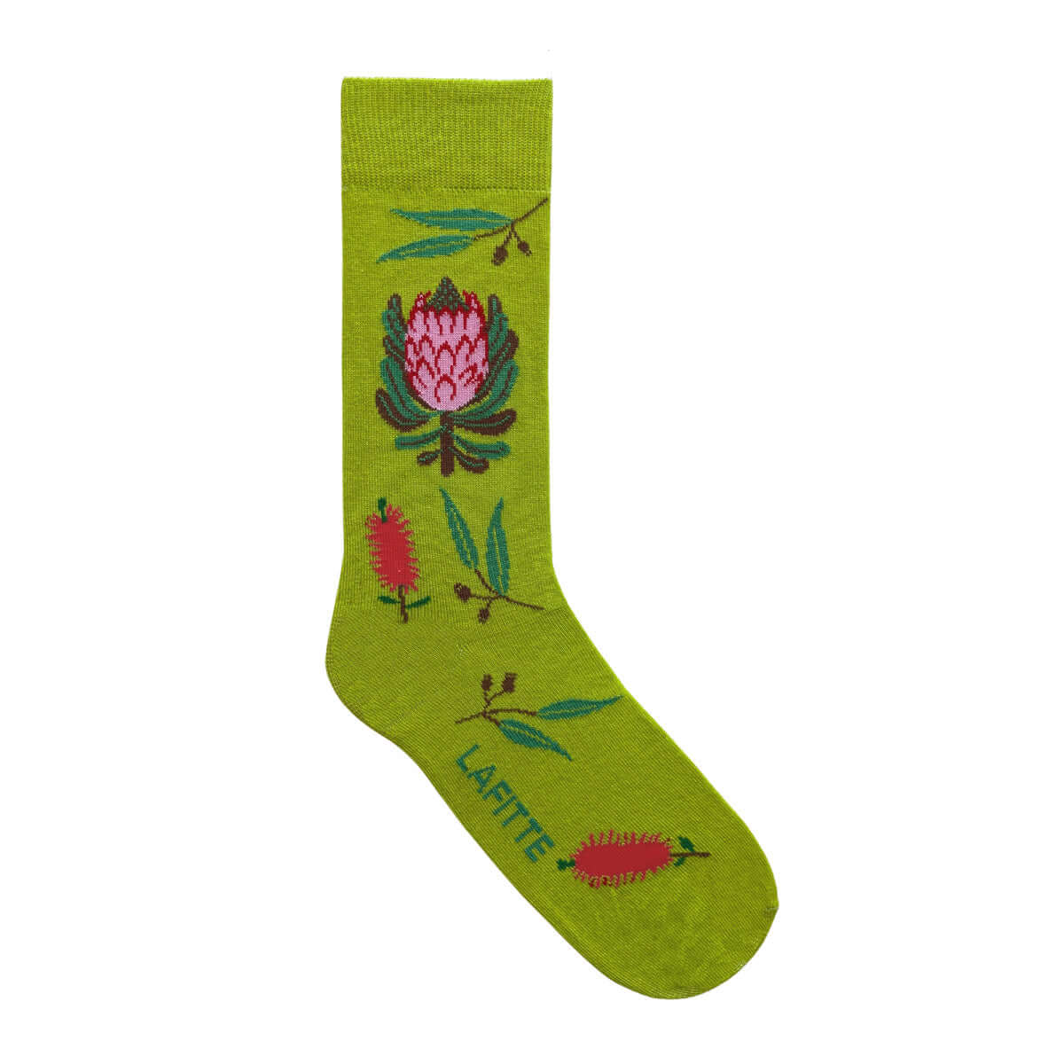 green cotton socks with pink protea flower pattern