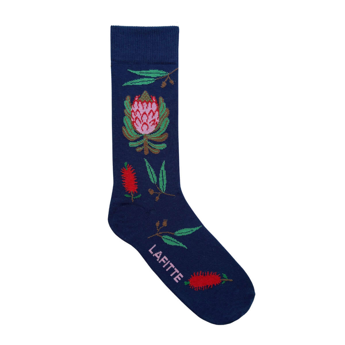 navy cotton socks with pink protea flower pattern