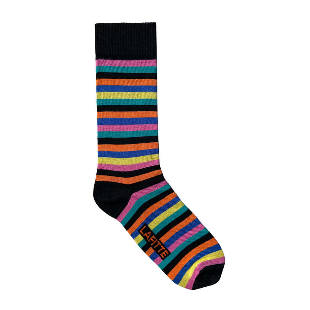 brown cotton socks with thin red and black stripe pattern