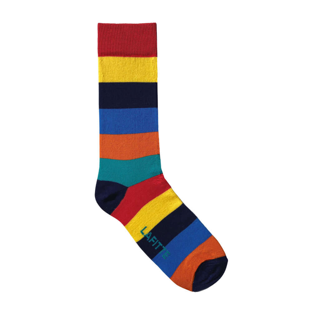 	multi-coloured cotton socks with thick rainbow stripe pattern