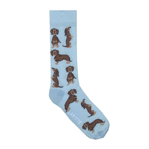 Dachshund Crew Socks. Light blue cotton novelty socks with dachshund dog pattern