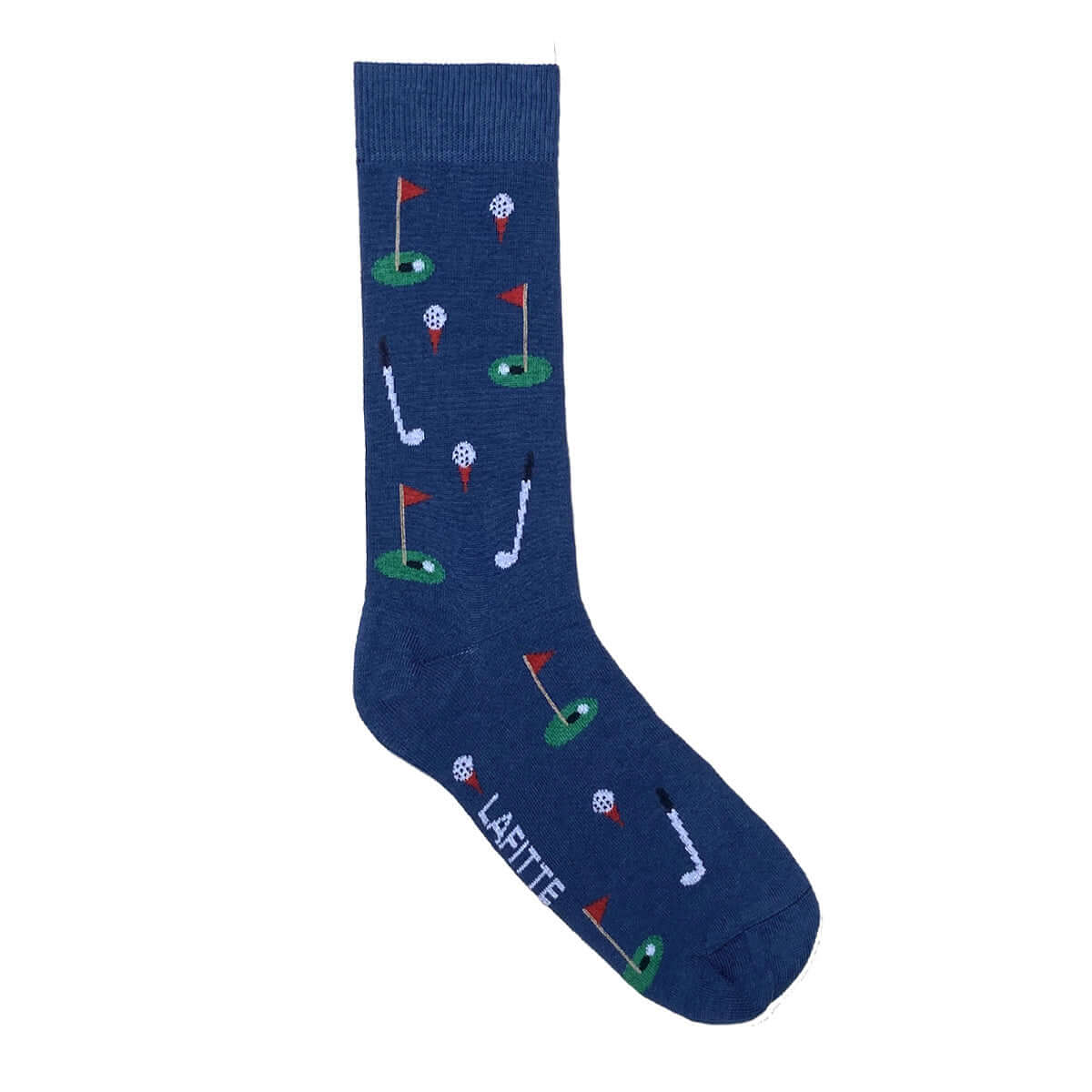 cotton novelty socks with golf clubs and ball pattern in blue and green