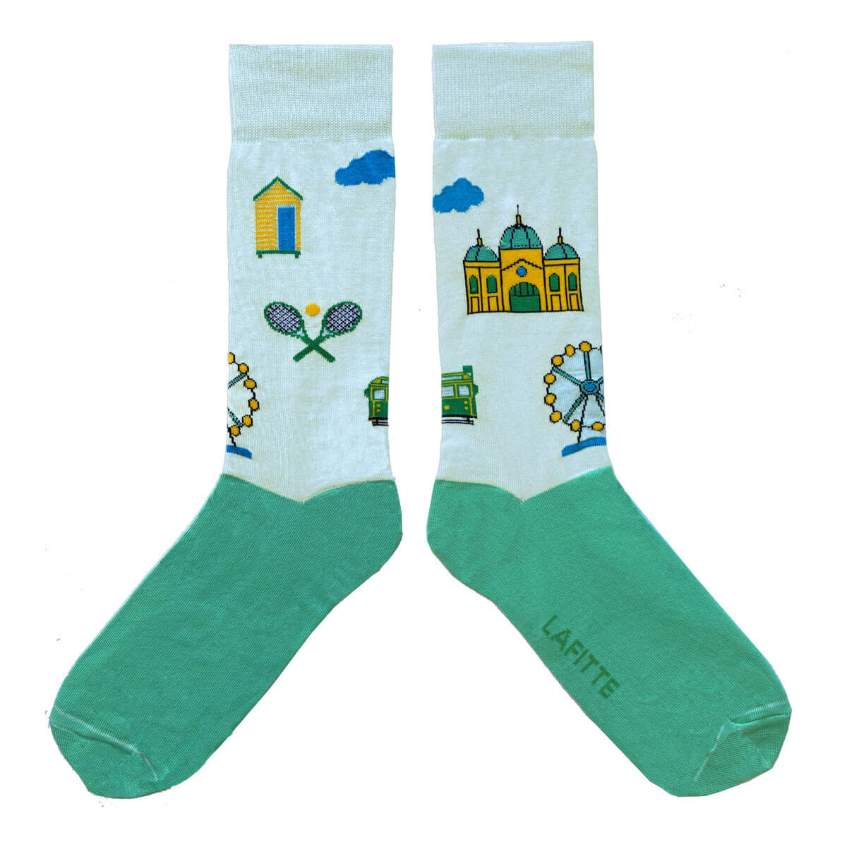 cotton socks featuring Melbourne landmarks in green and white