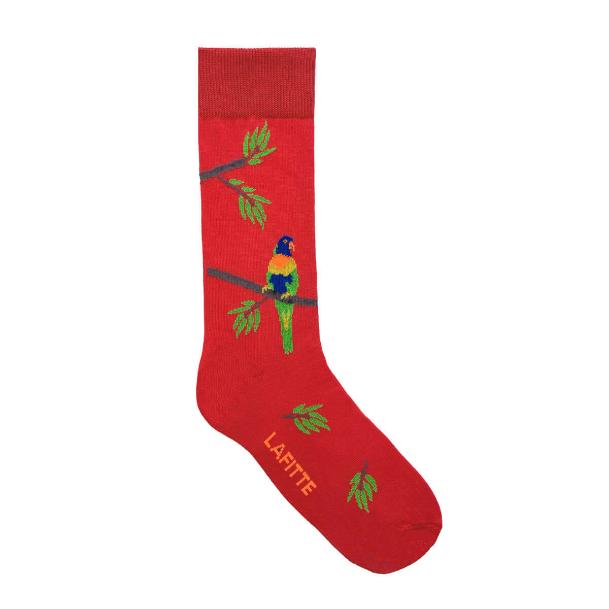 red cotton socks with rainbow lorikeet bird design