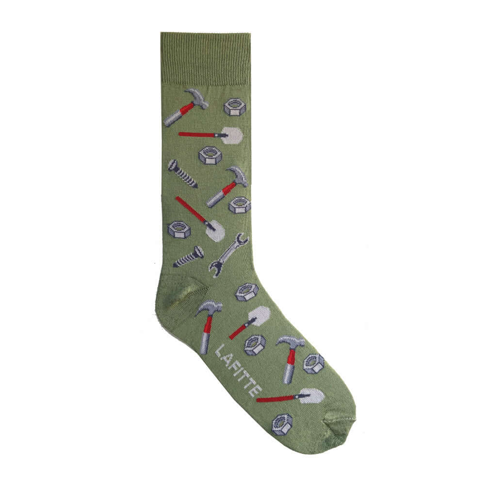 green cotton novelty socks with tool pattern