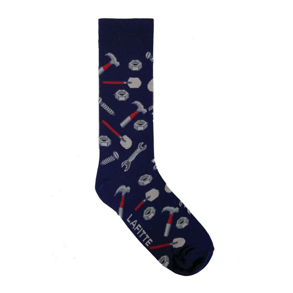 cotton novelty socks with DIY tool pattern in navy and grey