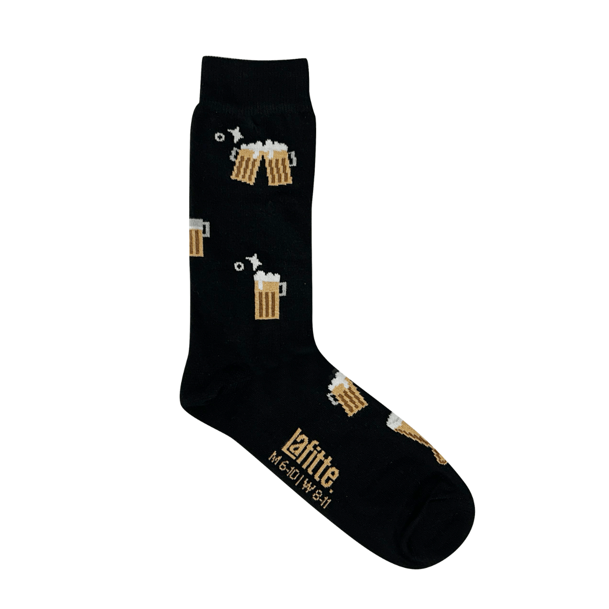 Beer Crew Socks on a black background featuring a playful beer motif for novelty and fun.