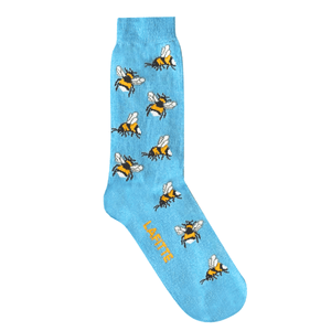 Bumble Bee Crew Socks. Light blue cotton novelty sock with bumblebees
