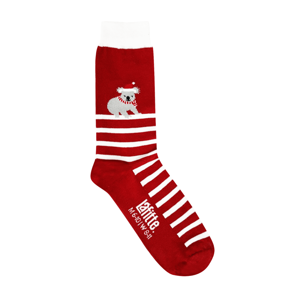 red and white socks with candy cane striped pattern, koala, fun novelty design