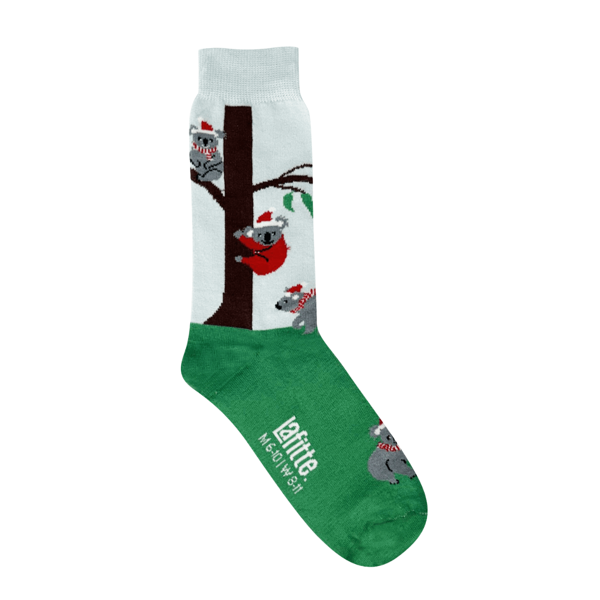 Green base christmas socks, santa koala in tree
