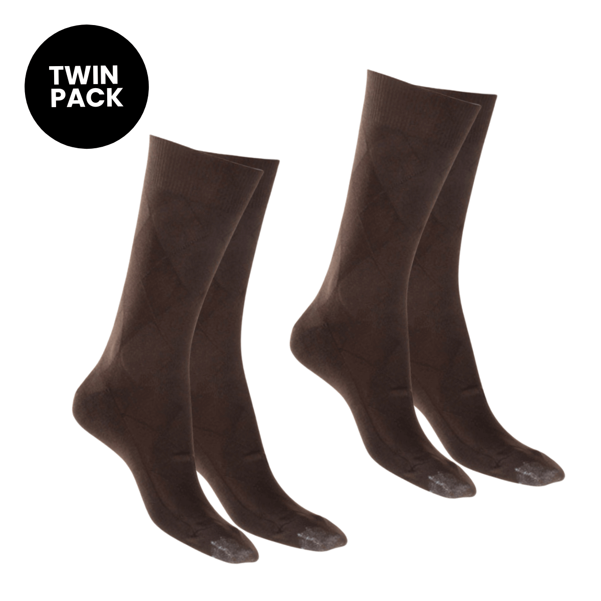 two-pack cotton socks in dark brown with diamond pattern and reinforced toe
