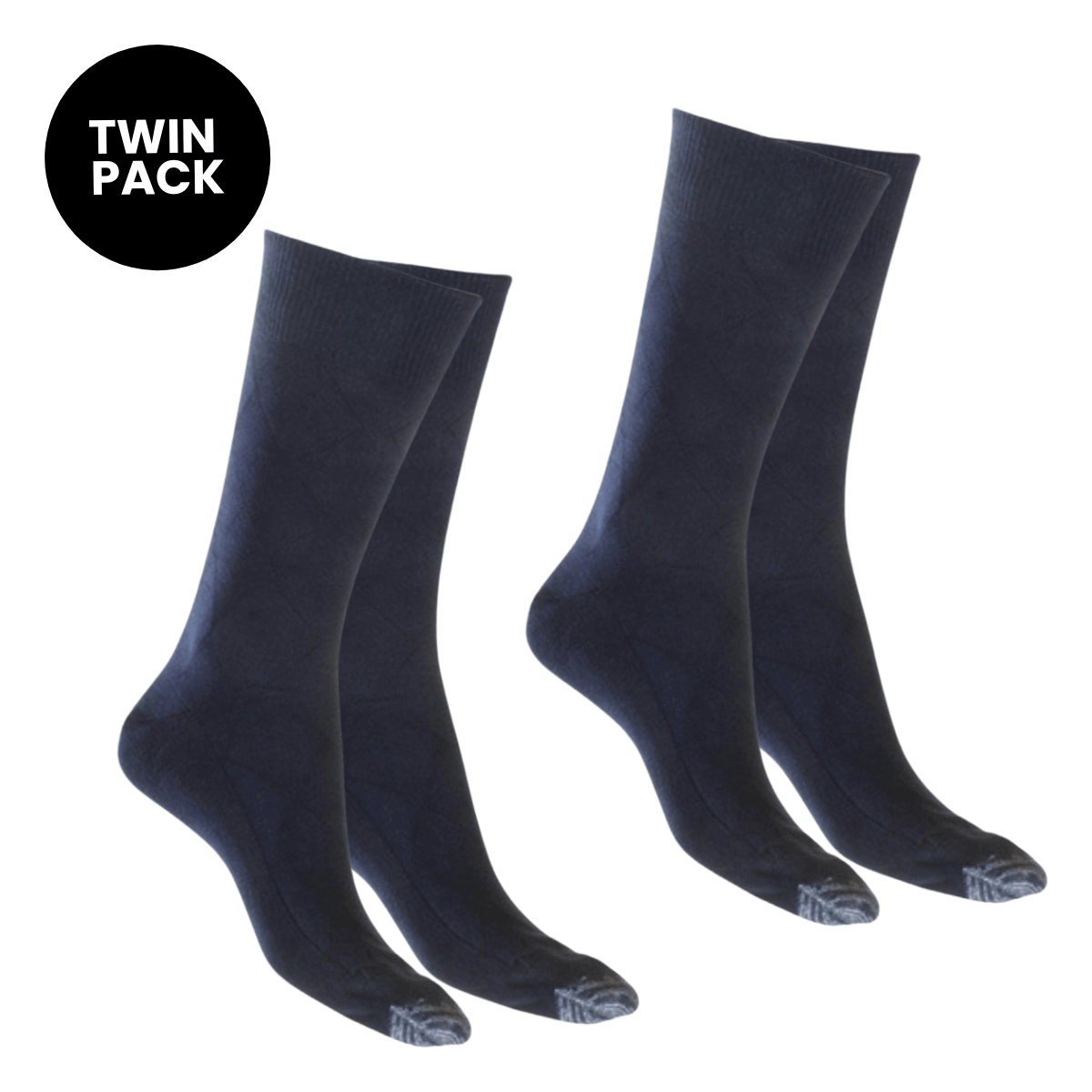two-pack cotton socks in navy with diamond pattern and reinforced toe