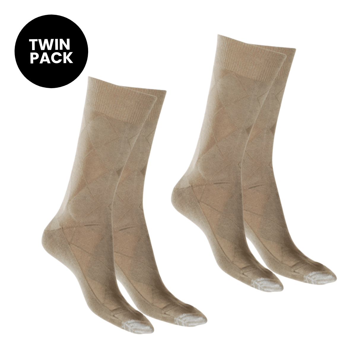 two-pack cotton socks in beige with diamond pattern and reinforced toe