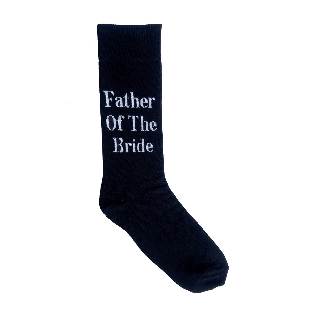 black cotton wedding socks with father of the bride text for men