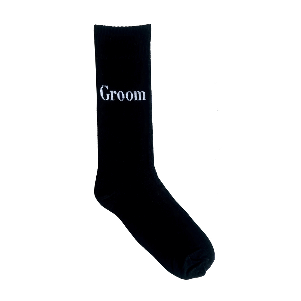 black cotton wedding socks with groom text for men
