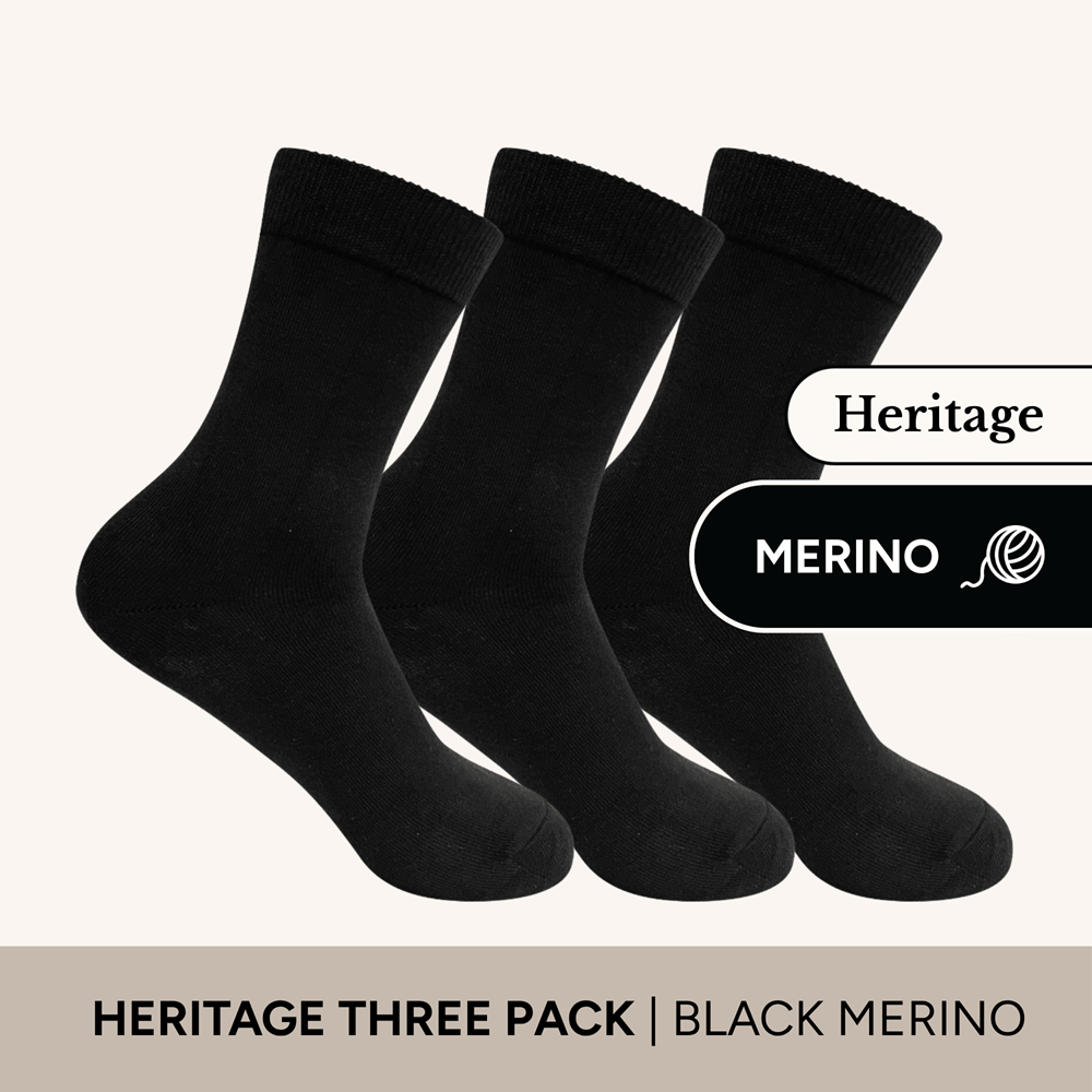 Heritage Crew Socks in a three pack, crafted from black merino wool for comfort and moisture wicking.