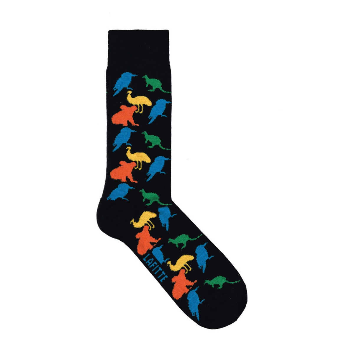 black cotton crew socks with Australian animal pattern, koala and kangaroo