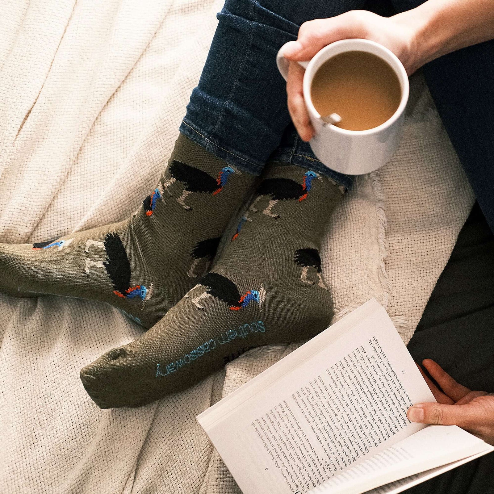 olive green bamboo socks with southern cassowary bird design from endangered Australian animals range