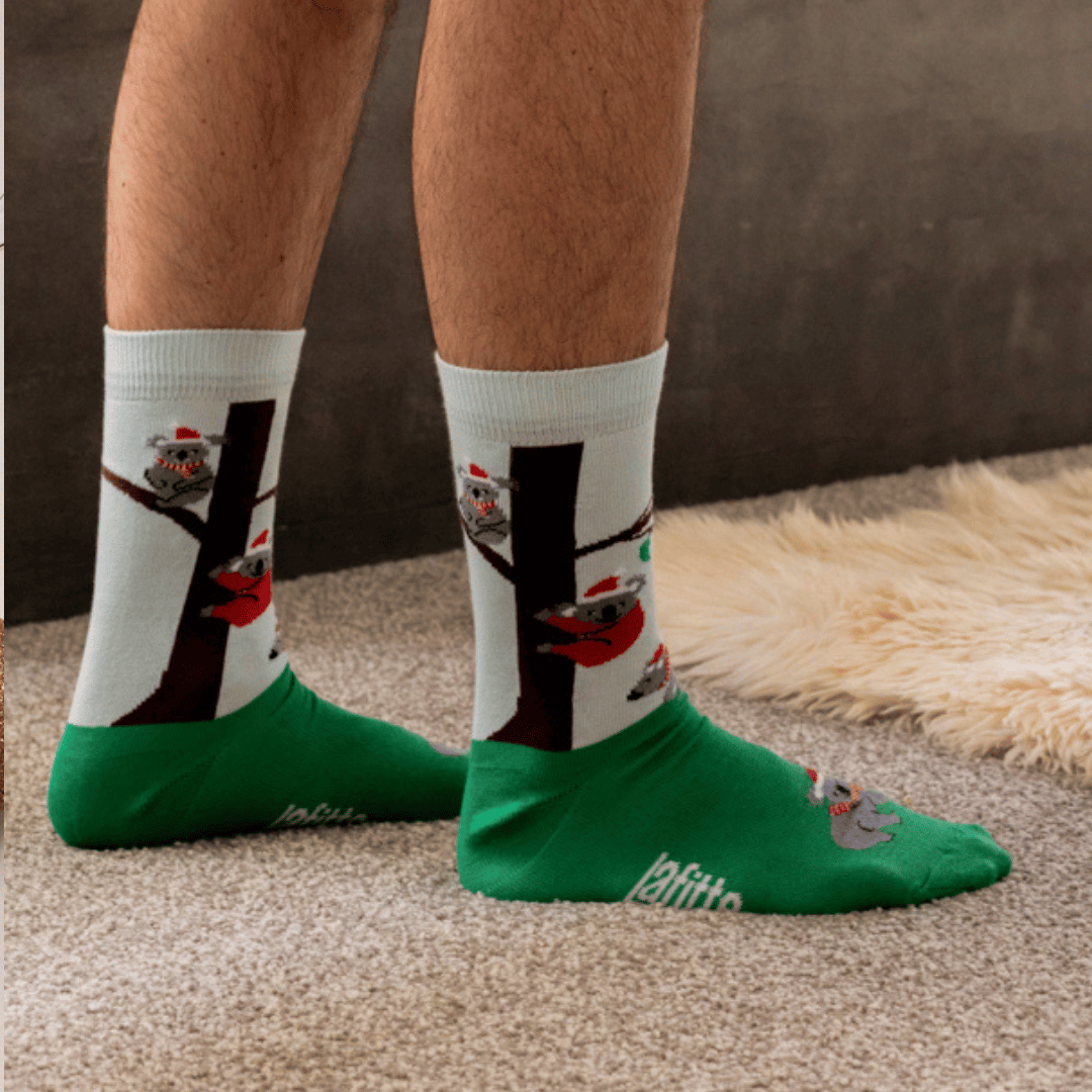 Christmas Koalas Crew Socks. Green base christmas socks, santa koala in tree