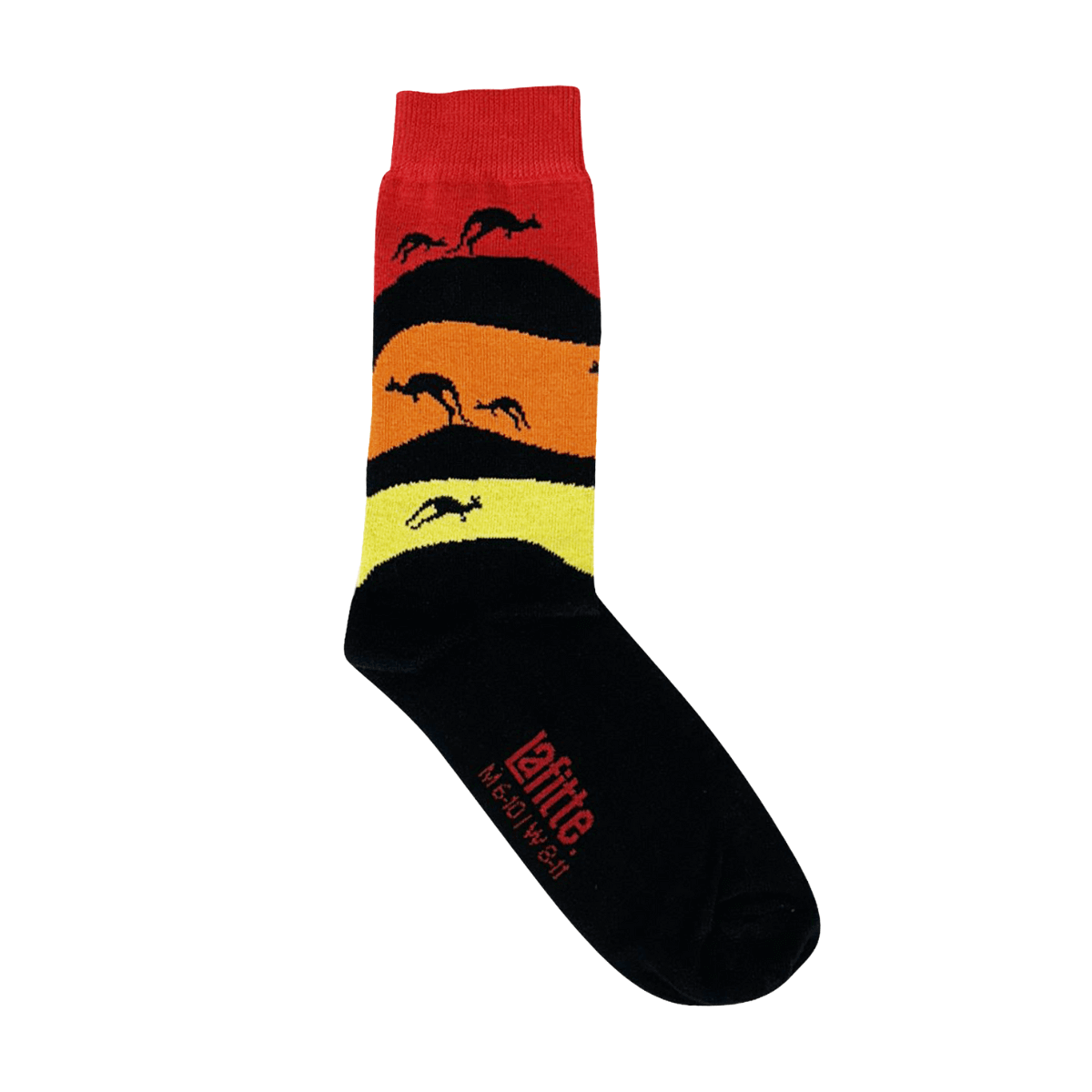 red, orange, and yellow socks with sunset kangaroo pattern, fun novelty design