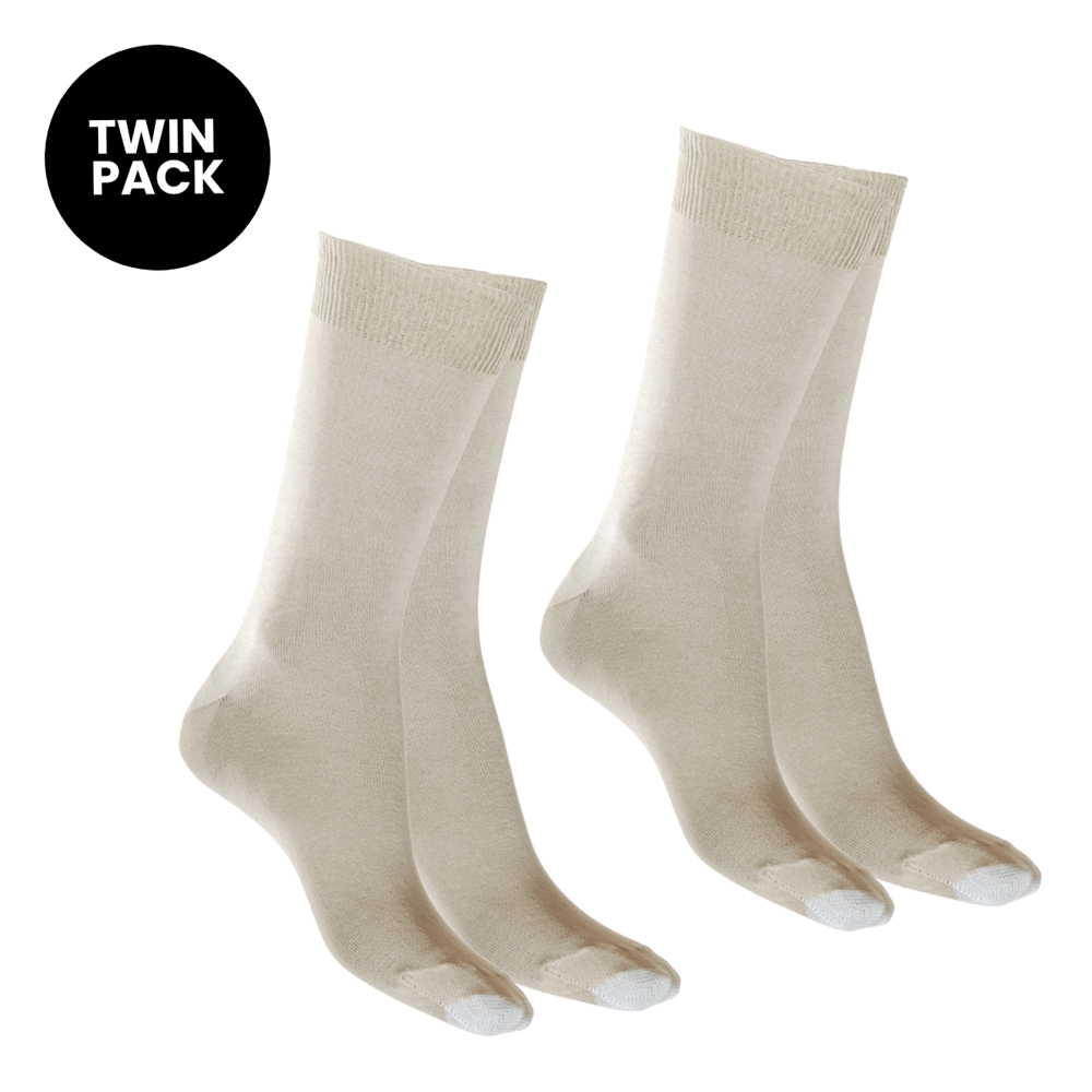 twin pack of beige oatmeal cotton socks with smooth silk touch luxury finish and reinforced  toe