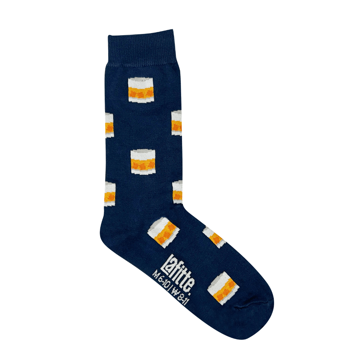 Whiskey Crew Socks on a navy base featuring a whiskey motif, designed for comfort and durability.