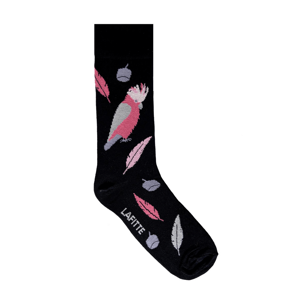 black cotton socks for men and women with pink galahs au