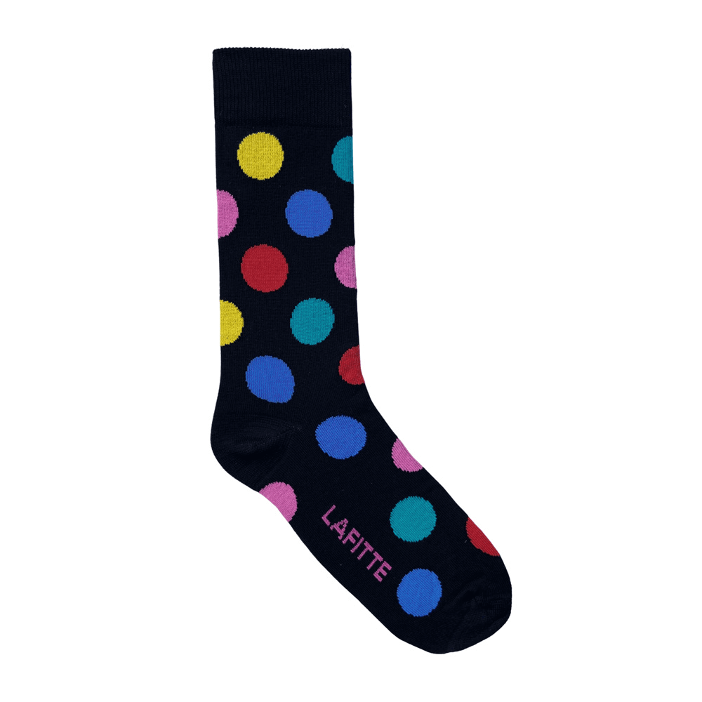 navy cotton socks with large colorful polka dots