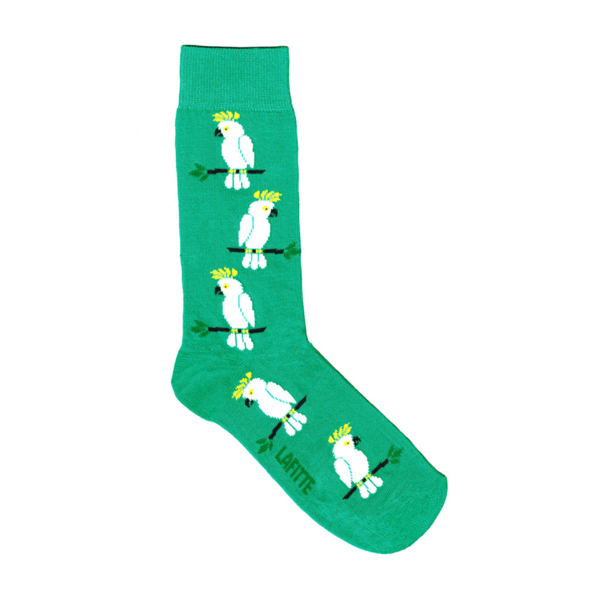 green cotton socks with white cockatoo design