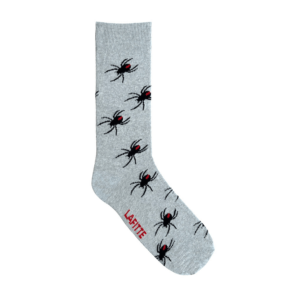 grey cotton socks with red back spider design