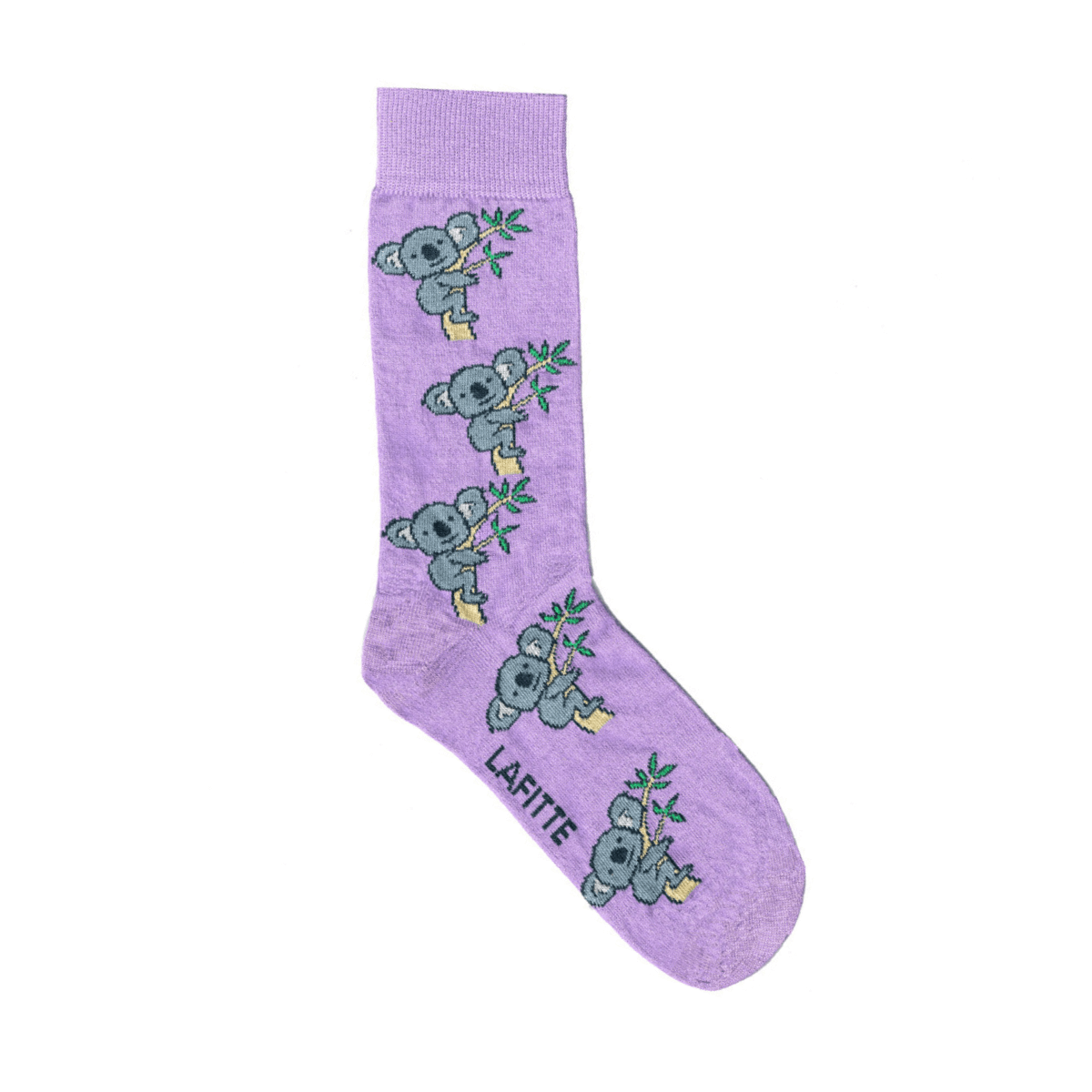 purple cotton crew socks with koala pattern