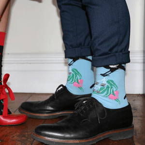 man wearing lafitte blue magpie cotton socks australia