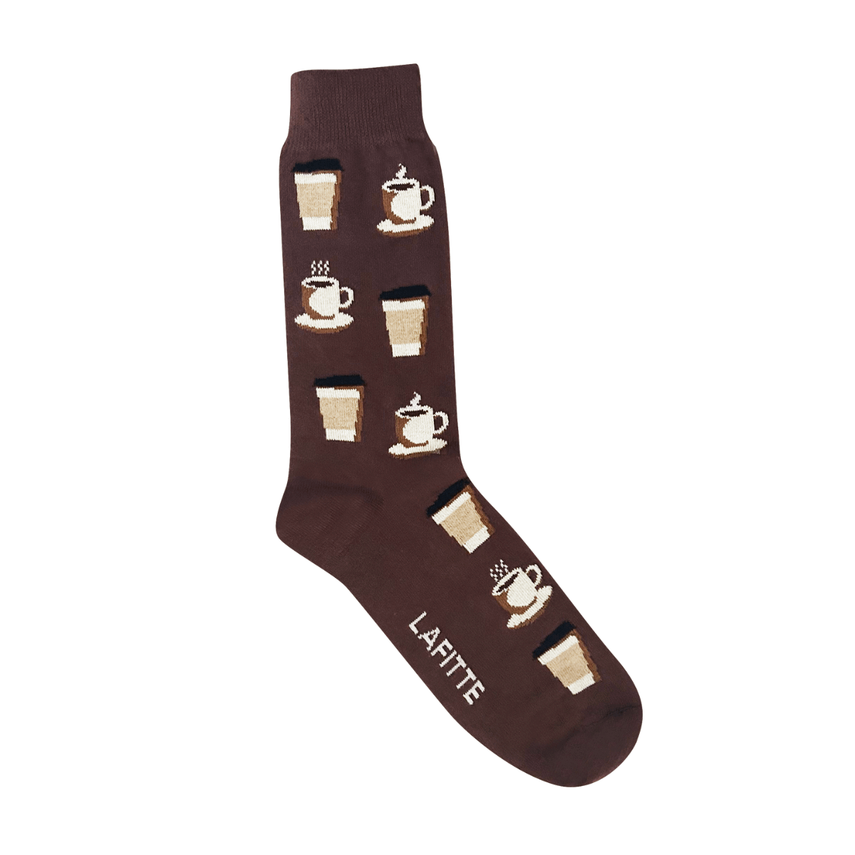 brown coffee-themed socks with coffee cup pattern