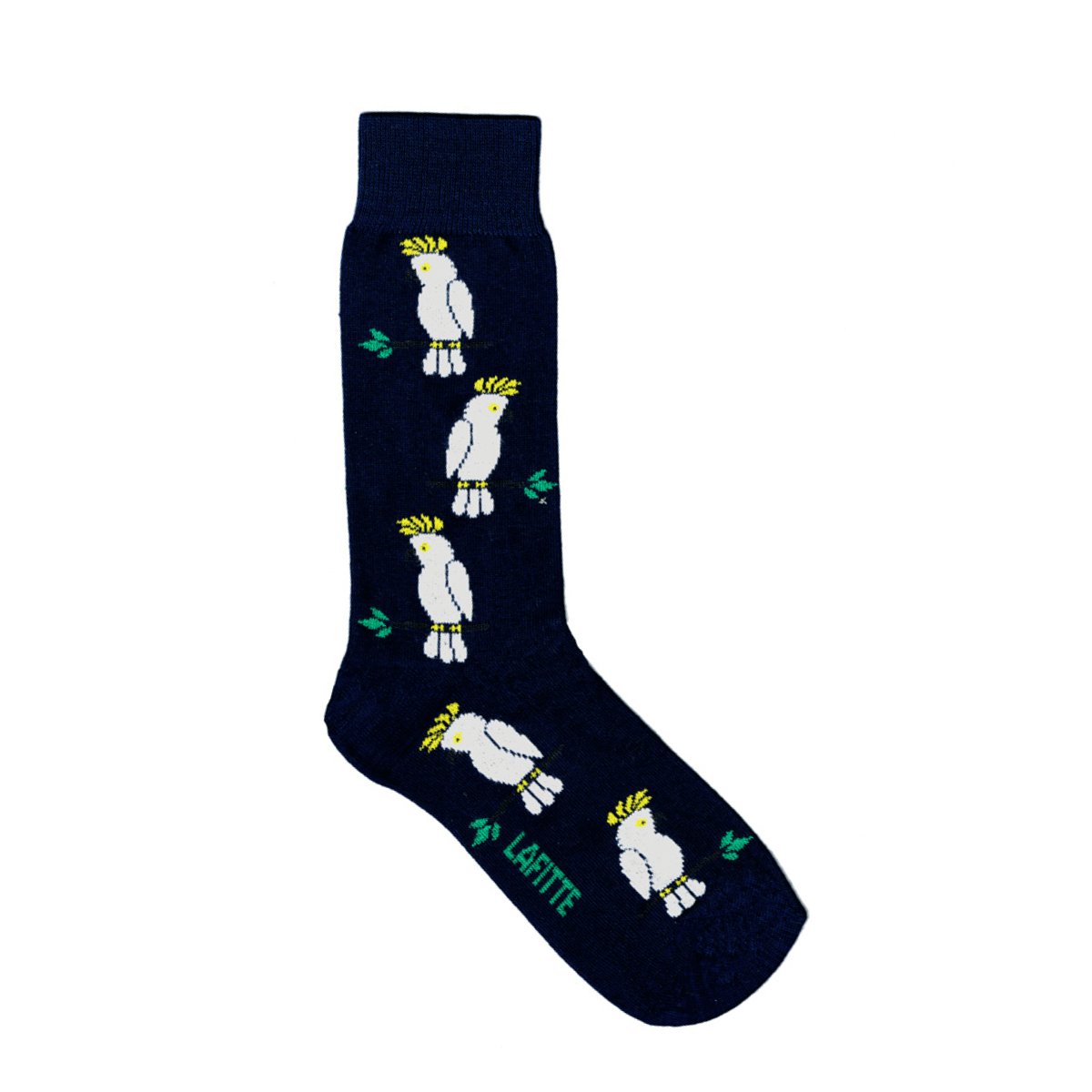 navy blue cotton socks with white cockatoo pattern