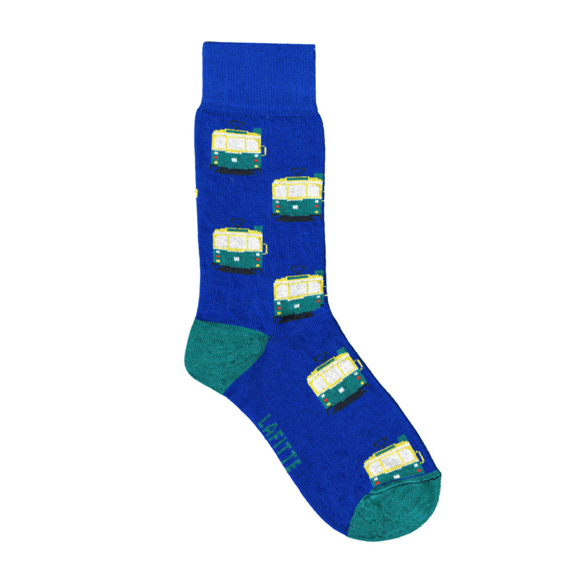 blue cotton crew socks with green tram pattern