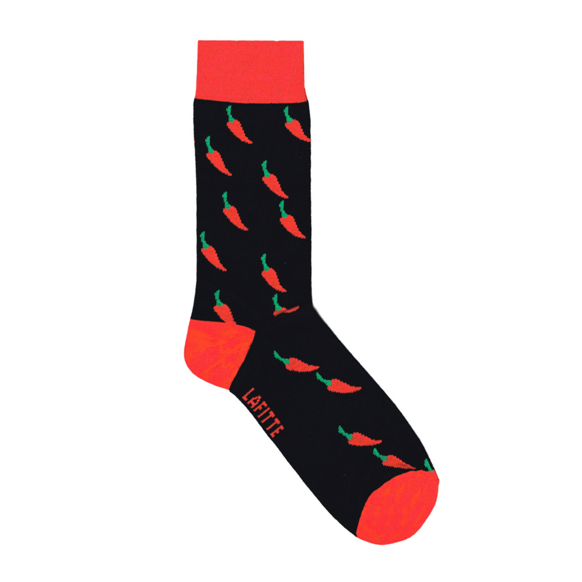 black cotton crew socks with red chilli design