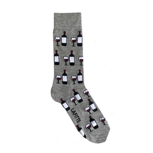 Wine Lover Crew Socks. Grey cotton crew socks with wine bottles and glasses pattern