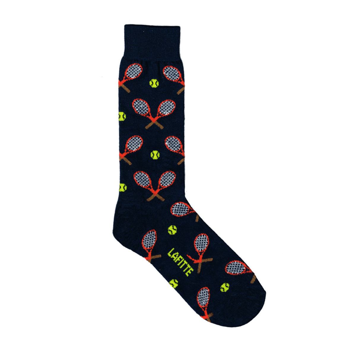 black cotton crew socks with tennis racquet pattern