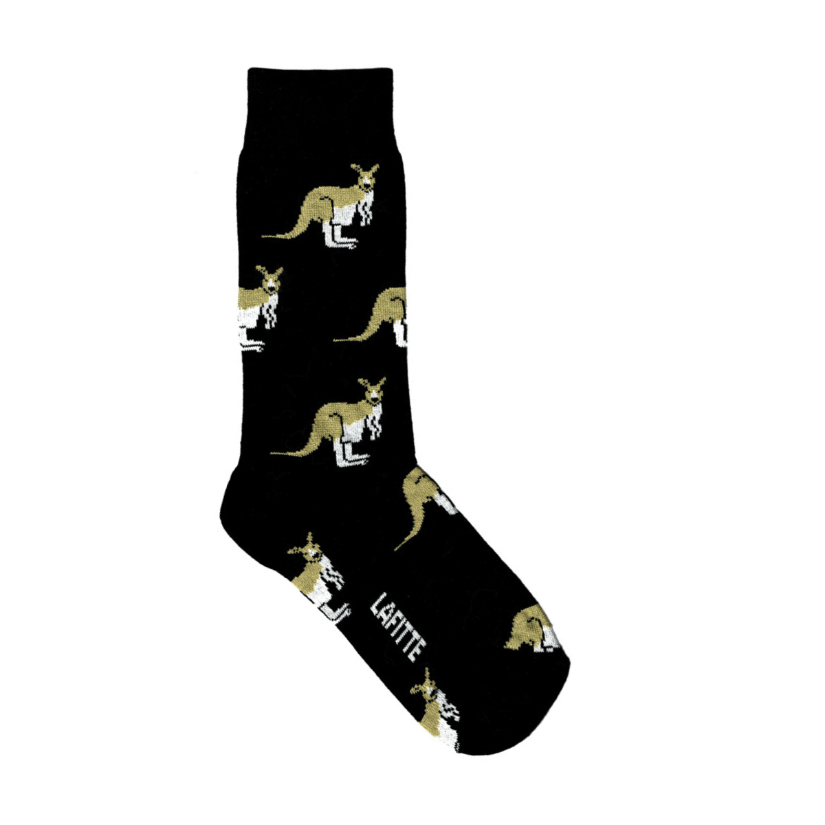 black cotton crew socks with kangaroo pattern