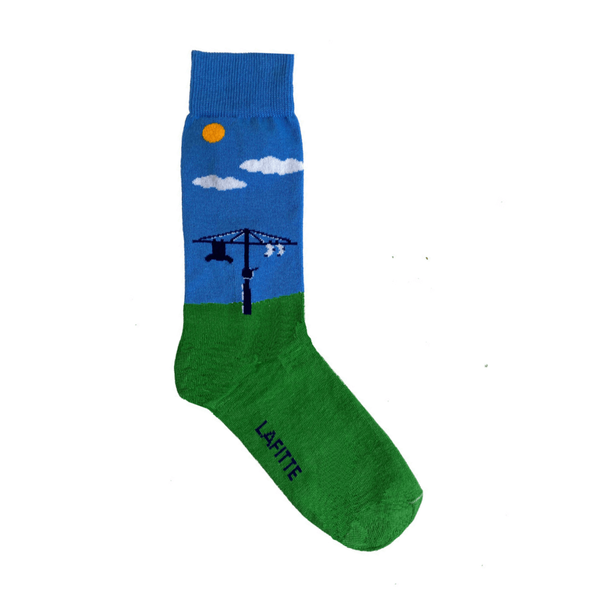 green cotton crew socks with hills hoist clothesline design