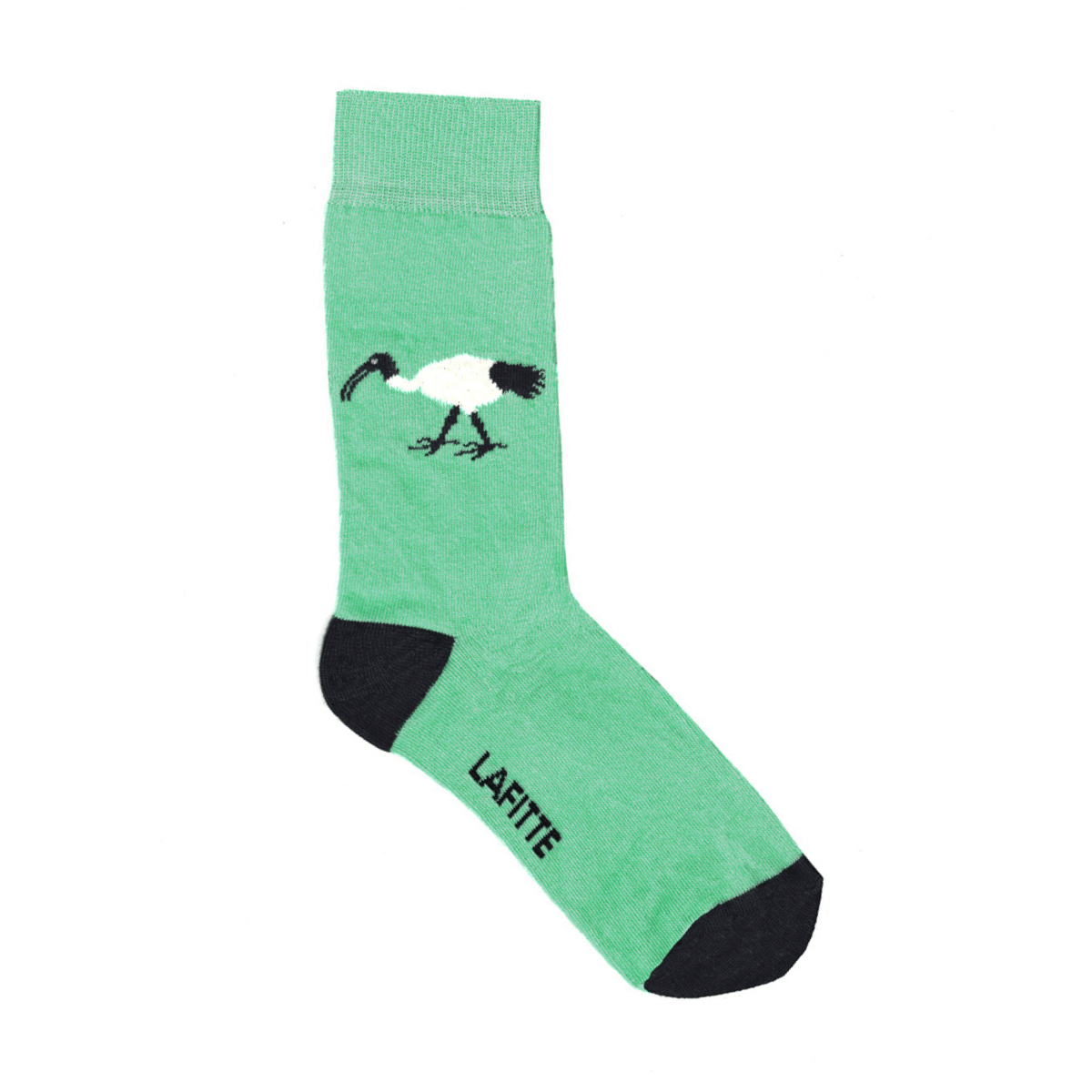 green cotton crew socks with ibis bird design