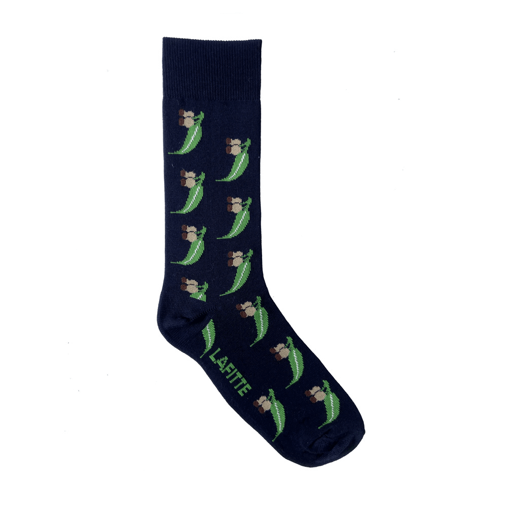 navy cotton socks with gumnut design