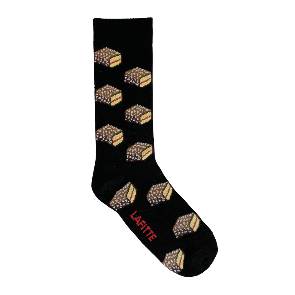 black cotton socks with chocolate lamington cake design