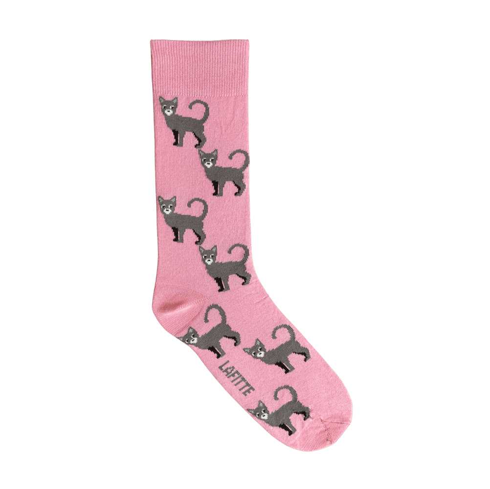 pink cotton crew socks with grey cat design